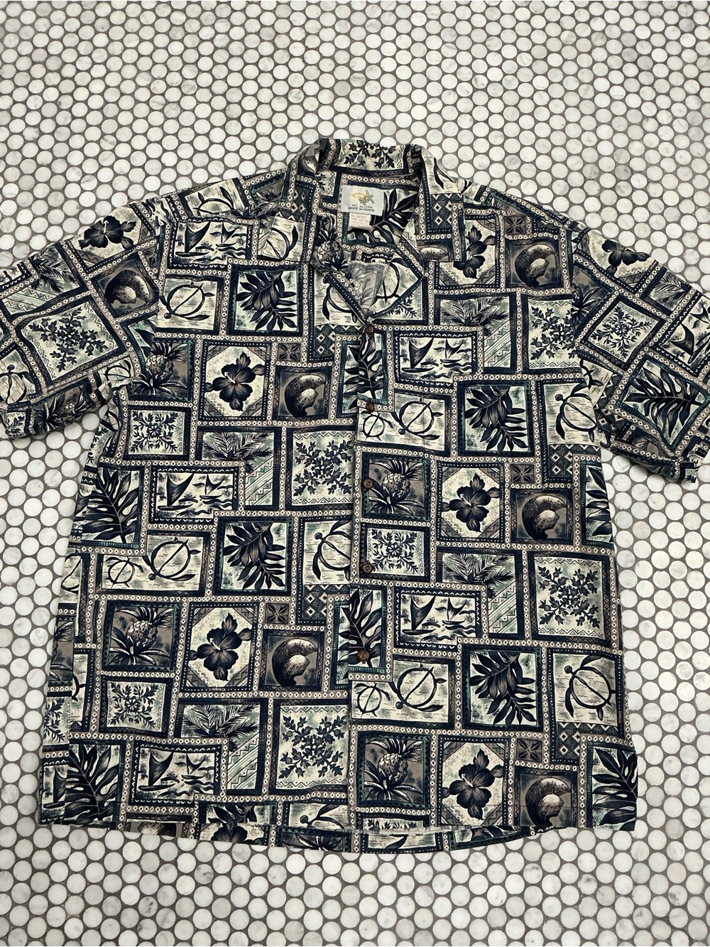 Vintage Ho Aloha Two Palms Hawaiian Shirt Size L Mosaic Tile Turtle Cotton